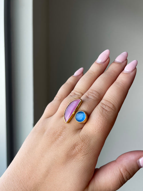 Crescent Moon Ring in Pink & Blue