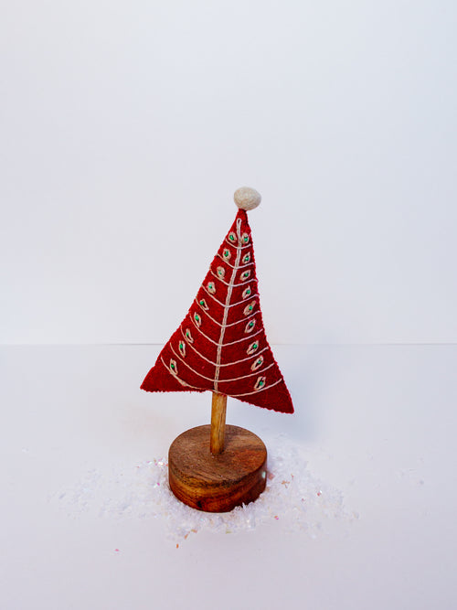 Felt Embroidered Tree in Red & Ivory