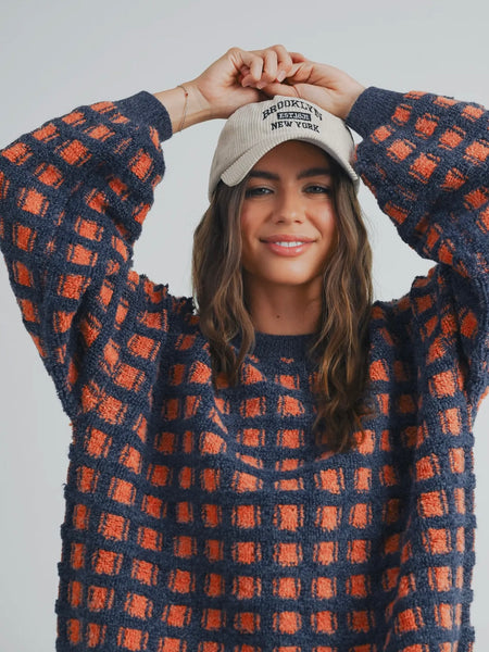 Check Yourself Sweater in Navy & Rust