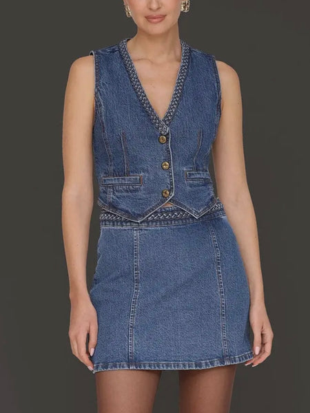 Braided Trim Denim Vest in Highside Wash