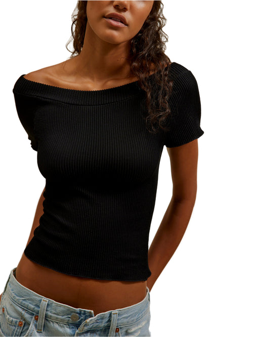 Ribbed SMLS Off Shoulder Top in Black