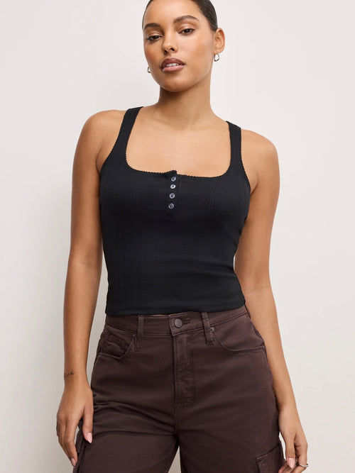 Pointelle Henley Tank Top in Black