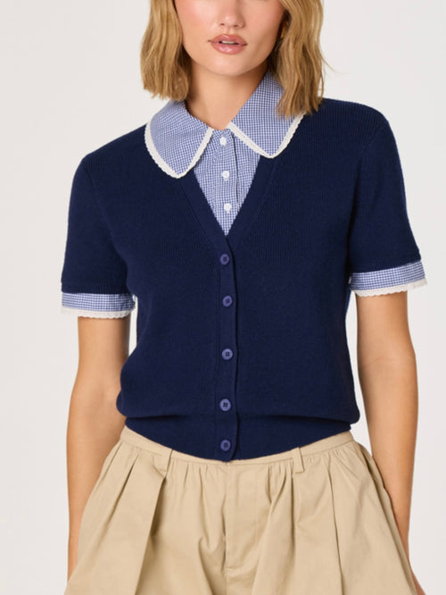 Marlee Mixed Media Cardigan in Navy Plaid