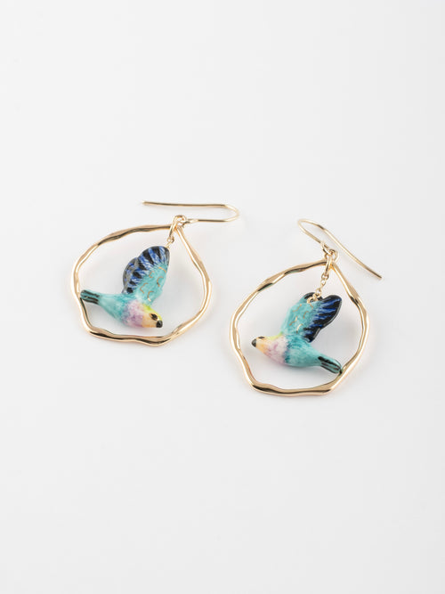 Pink & Blue Bird Circle Pendant Earrings