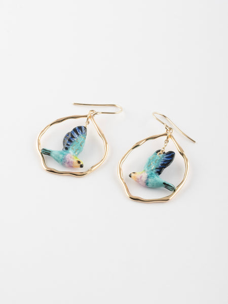 Pink & Blue Bird Circle Pendant Earrings