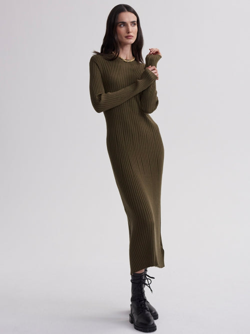 Axel Rib Knit Midi Dress in Olive Night