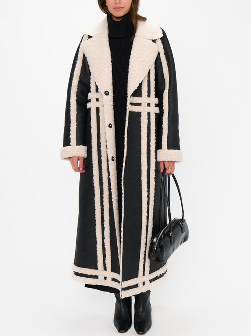 Swiss Alps Coat in Black Faux Leather & Sherpa