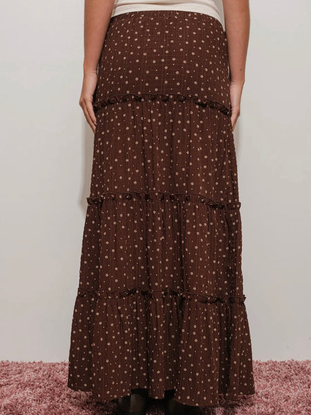 Gigi Floral Tiered Maxi Skirt in Brown