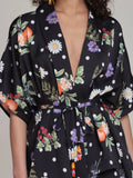 Floral Polka Dot Satin Kimono Top in Black