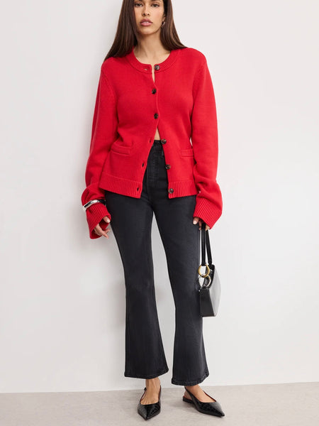 Button Front Knit Cardigan in Chili