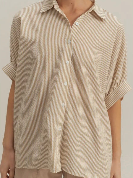 Rise & Stripe Button Down in Taupe