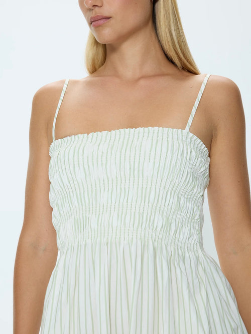 Bianca Smocked Dress in Sage Egret Stripe
