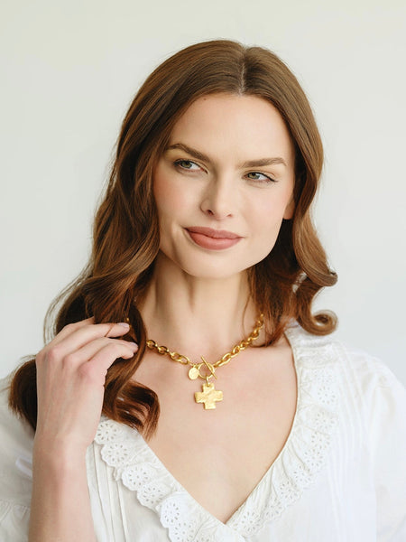 16" Handcast Gold Cross Front Toggle Necklace