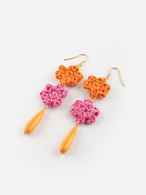 Raffia Flowers & Orange Drop Earrings
