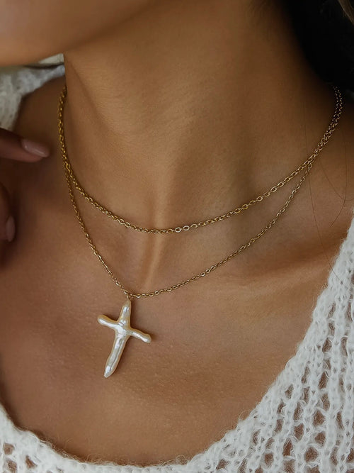 Aurise Pearl Cross Necklace