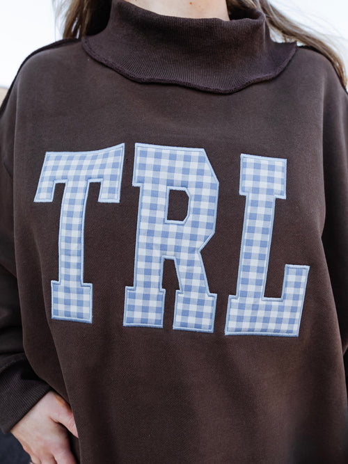 Custom Embroidered Gingham TRL Mock Neck in Brown