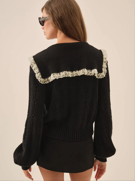 Frenchy Pointelle Knit Cardigan in Black