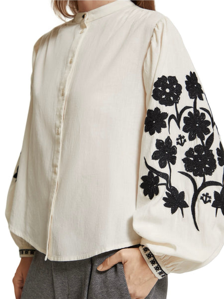 Shirt with Embroidered Sleeve in Soft Ice