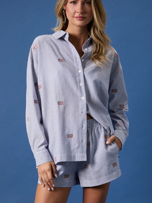 Embroidered Flag Button Down in Navy & White