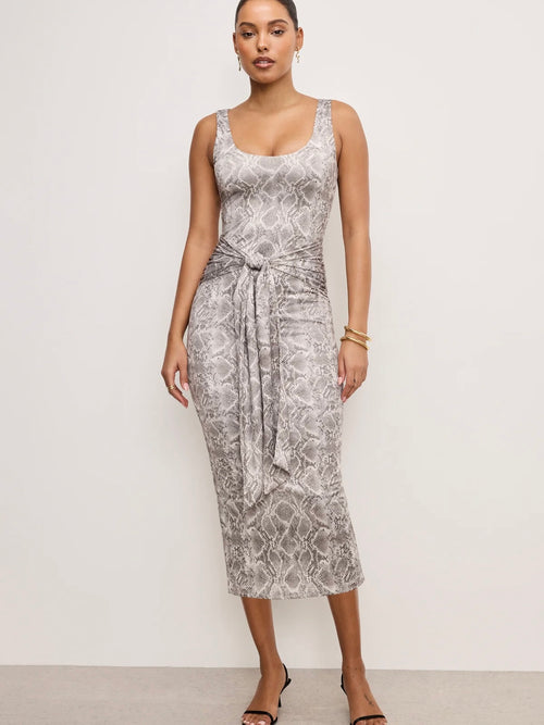 Slinky Jersey Ruched Midi Dress in Snake