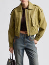 Oversized Strong Shoulder Faux Leather Jacket in Sage