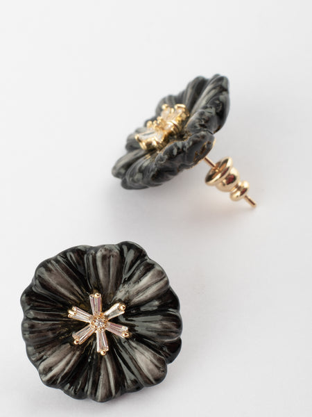 Black Aster Flower Stud Earrings