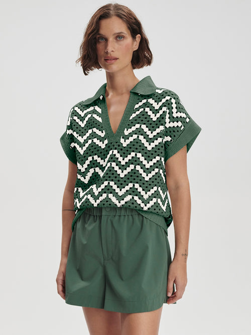 Joelle Crochet Polo Top in Cilantro