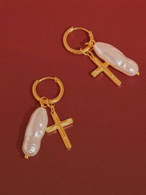 Breline Cross & Pearl Drop Earrings