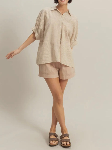 Rise & Stripe Button Down in Taupe