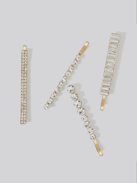 Metal Rhinestone Assorted Bobby Pins 4pc Set in Gold