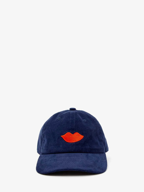 Corduroy Baseball Hat in Bright Poppy Embroidered Lips