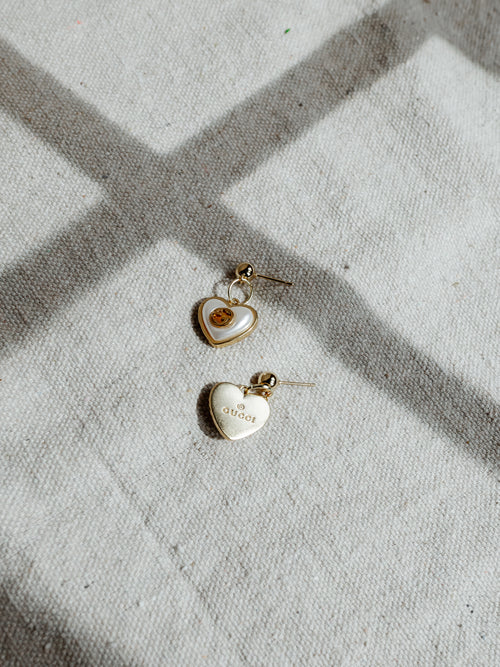 Repurposed Heart Charm White Earrings