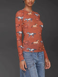 Equine Printed Mesh Long Sleeve Top in Stampede
