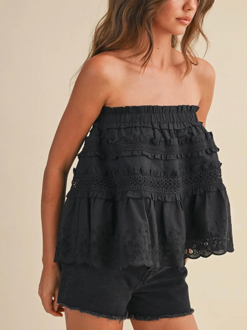 Ruffled Right Strapless Top in Black