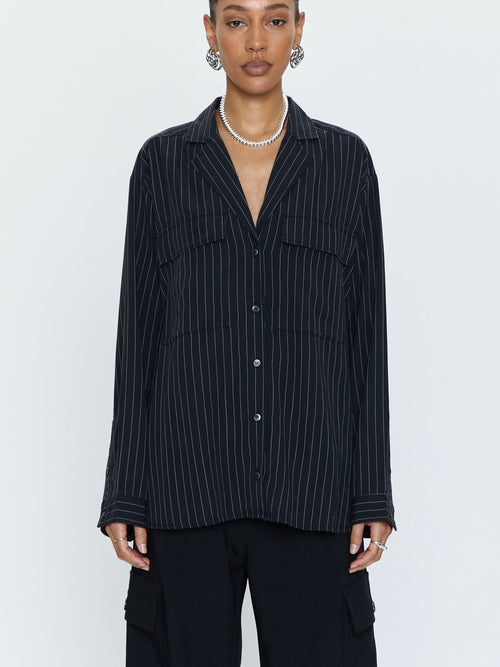 Irene Button Up in Black Pinstripe