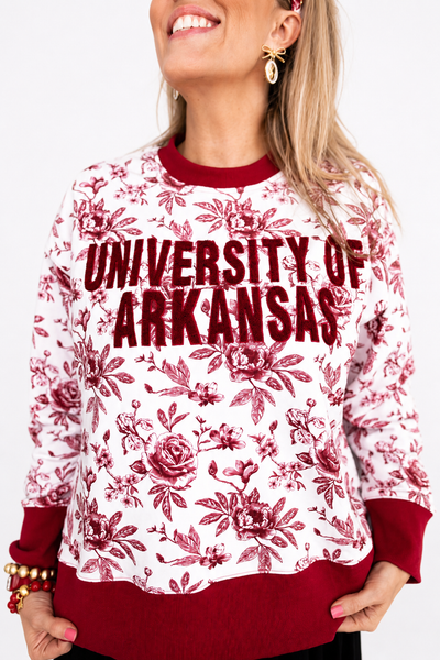 Arkansas Floral Toile Sweatshirt in White & Red