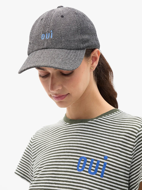 Wool Baseball Hat in Embroidered OUI Black & White