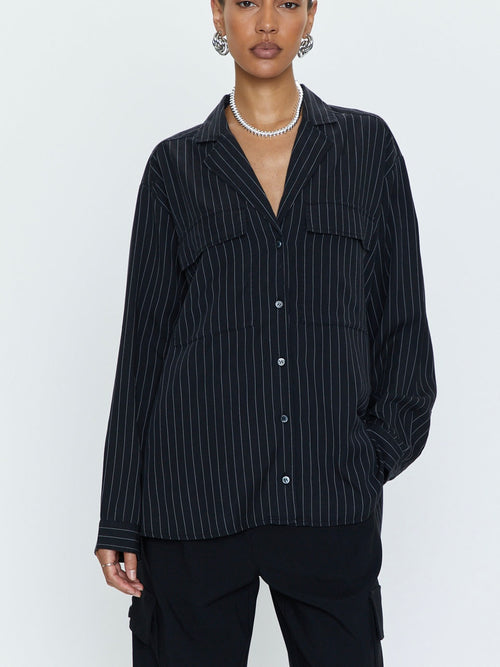 Irene Button Up in Black Pinstripe