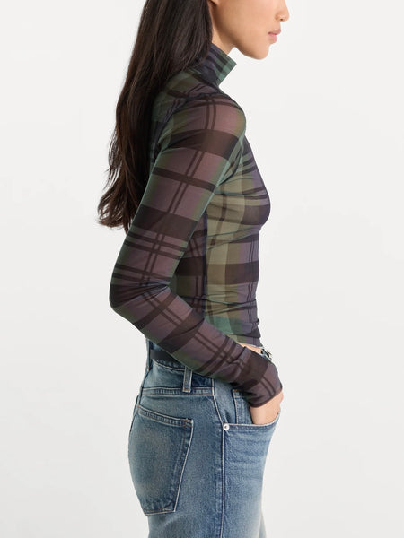 The Mesh Turtleneck in Navy & Green Plaid