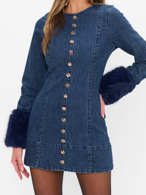 Rockefeller Mini Dress in Subzero Indigo Faux Fur
