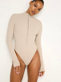 Virgo Rib Half Zip Bodysuit in Short Bread