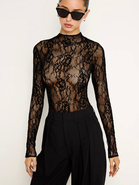Lace Mock Neck Bodysuit in Black