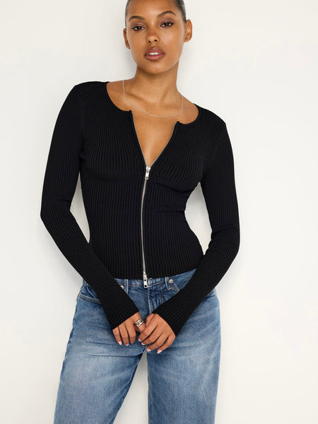 Virgo Rib Zip Front Sweater in Black