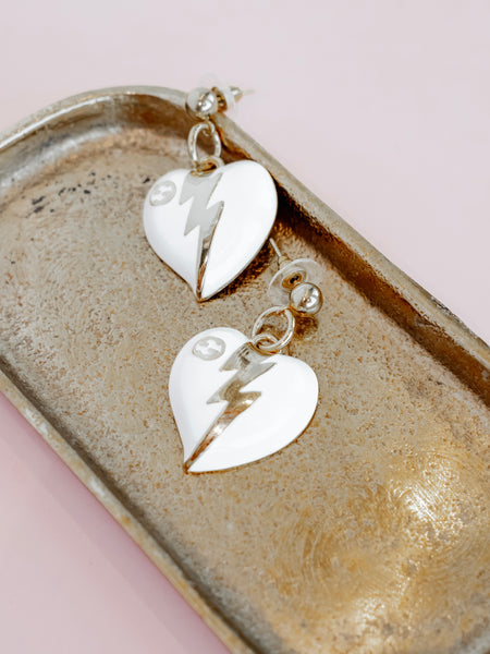 Repurposed Lightning Bolt Heart Earring in White