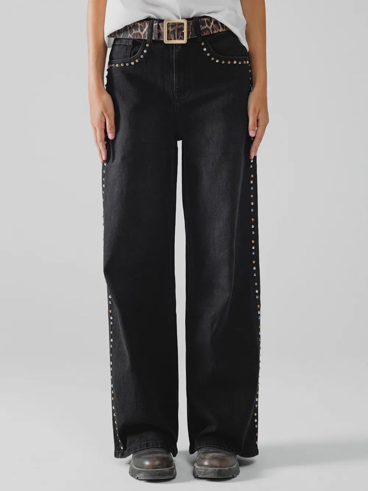 パンツ side line studs denim(S)/black △side line stone design wide denim / サイド ラインストーン