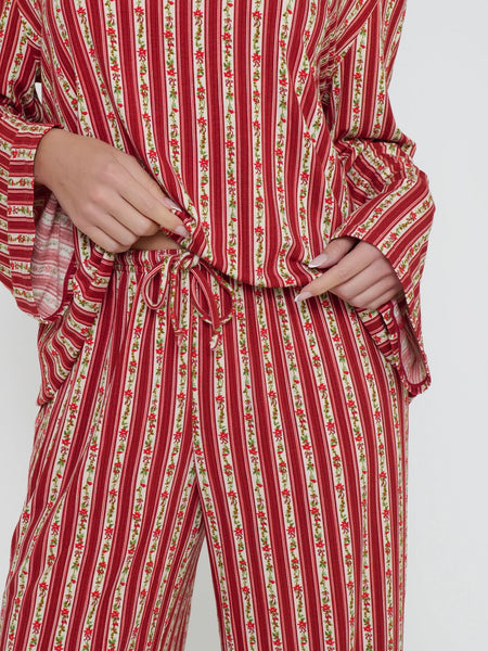 Stay In PJ Set in Poinsettia Stripe Silky Rib