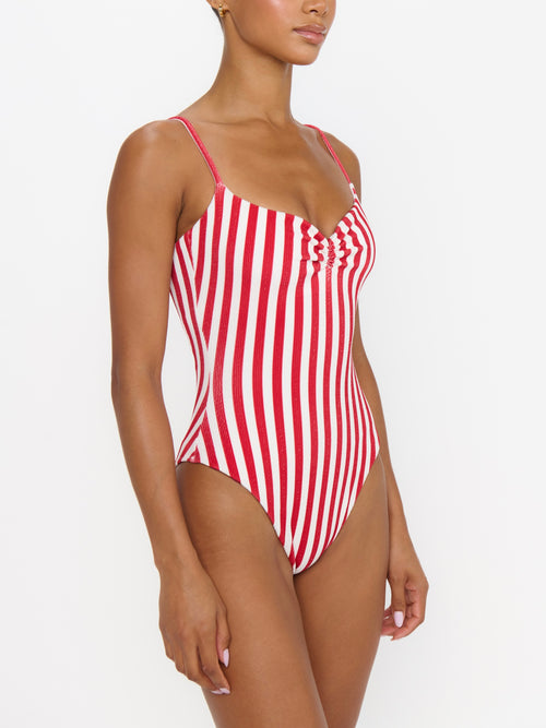 Bells Beach One Piece in Red Stripe Contour Scrunch