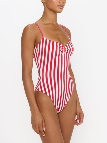 Bells Beach One Piece in Red Stripe Contour Scrunch