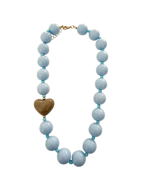 Judy Beaded Heart Necklace in Brown & Light Blue