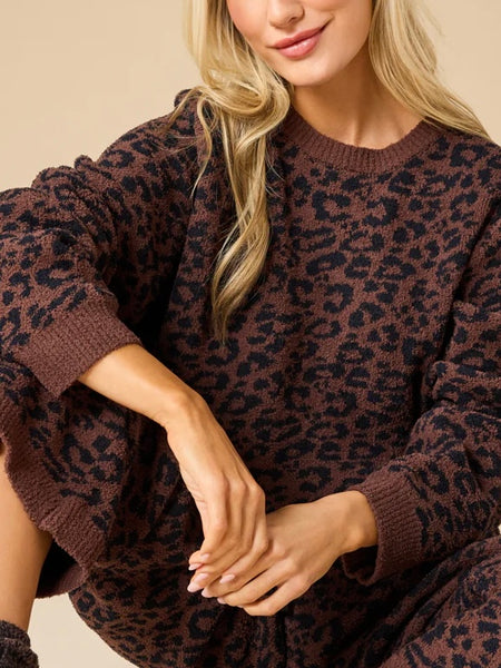 Marshmallow Leopard Crew Neck Lounge Set in Wild Espresso